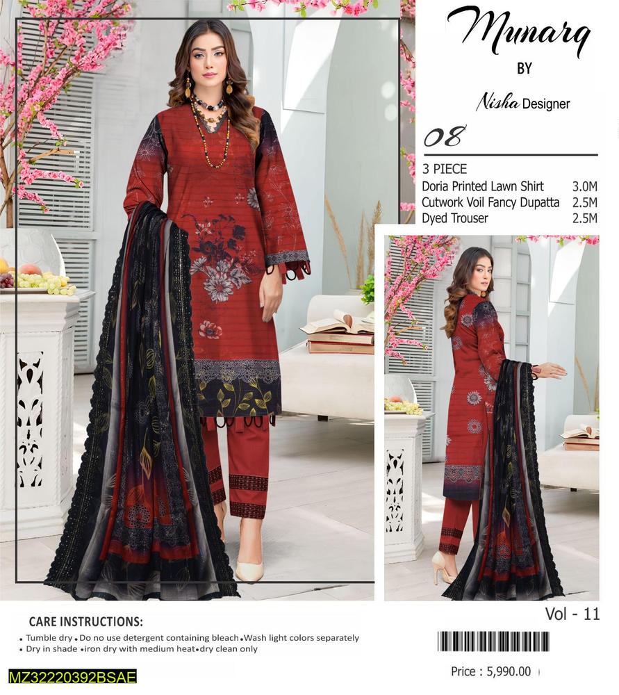 3 Pcs Women's Unstitched Lawn Embroidered Suit