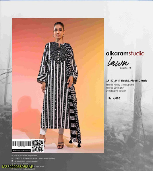 3 Pcs Women's Unstitched Lawn Printed Suit