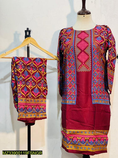 2 Pcs Women's Stitched Linen Block Printed Suit