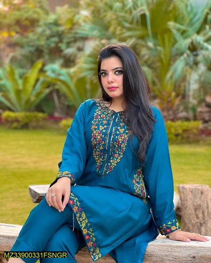 2 Pcs Women's Stitched Linen Embroidered Suit, Blue
