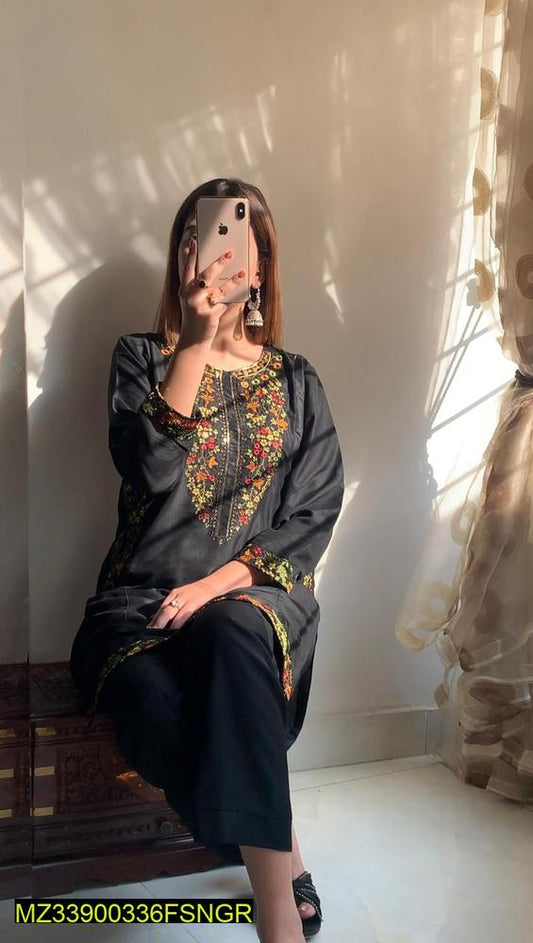 2 Pcs Women's Stitched Linen Embroidered Suit