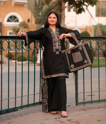 Stylish Embroidered Shirt And Trouser With Bag - 3 Pcs