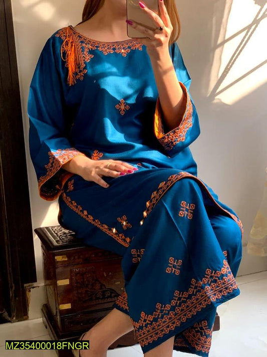 2 Pcs Women's Stitched Linen Embroidered Shirt And Trouser