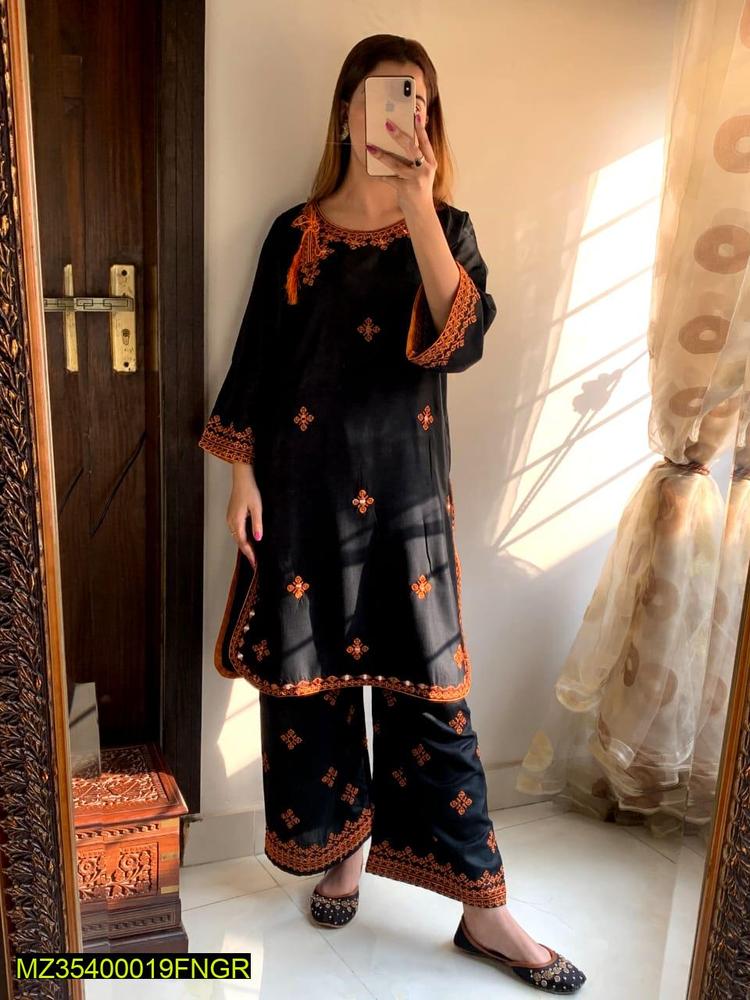 2 Pcs Women's Stitched Linen Embroidered Shirt And Trouser