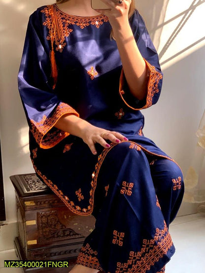2 Pcs Women's Stitched Linen Embroidered Shirt And Trouser