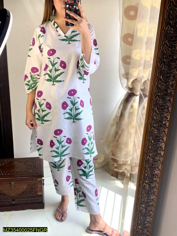 2 Pcs Women's Stitched Linen Block Printed Shirt And Trouser