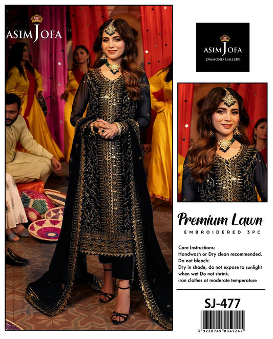 Asim Jofa3 Pcs Women's Unstitched Sequins Embroidered Suit