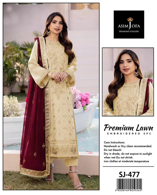Asim Jofa 3 Pcs Women's Unstitched Embroidered Suit