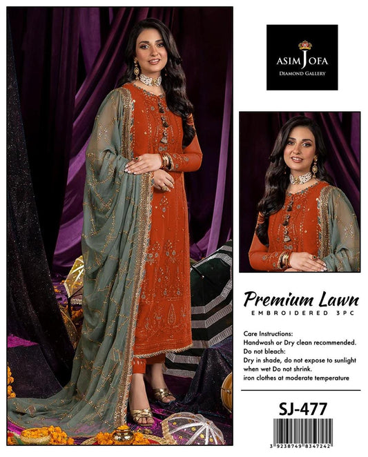 Asim Jofa 3 Pcs Women's Unstitched Embroidered Suit