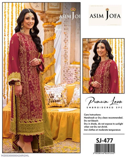 Asim Jofa 3 Pcs Women's Unstitched Embroidered Suit