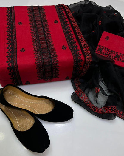 3 Pcs Women's Unstitched Cross Stitch Cotton Embroidered Suit