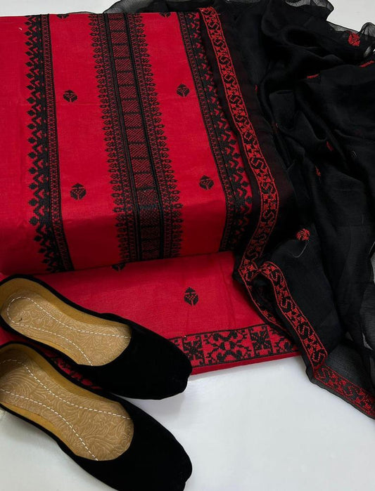 3 Pcs Women's Unstitched Cross Stitch Cotton Embroidered Suit