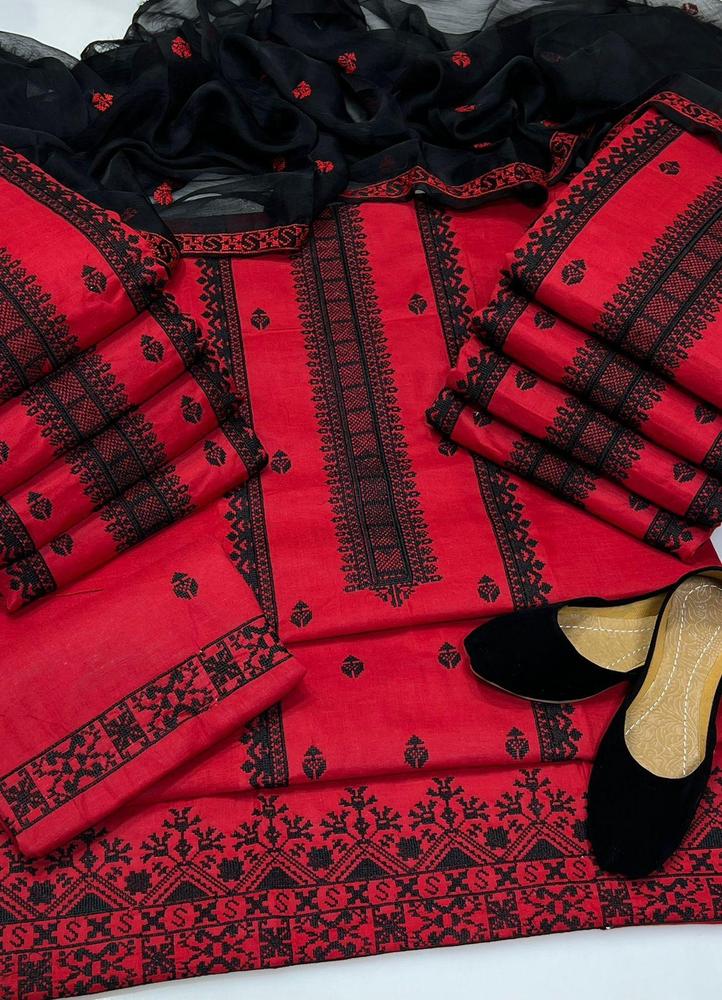 3 Pcs Women's Unstitched Cross Stitch Cotton Embroidered Suit