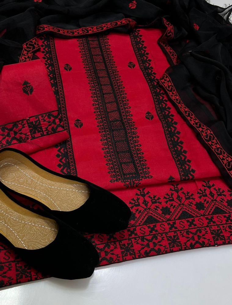 3 Pcs Women's Unstitched Cross Stitch Cotton Embroidered Suit