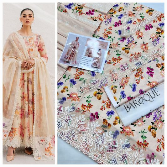 Baroque Linen 3 Pcs Suit With Patches