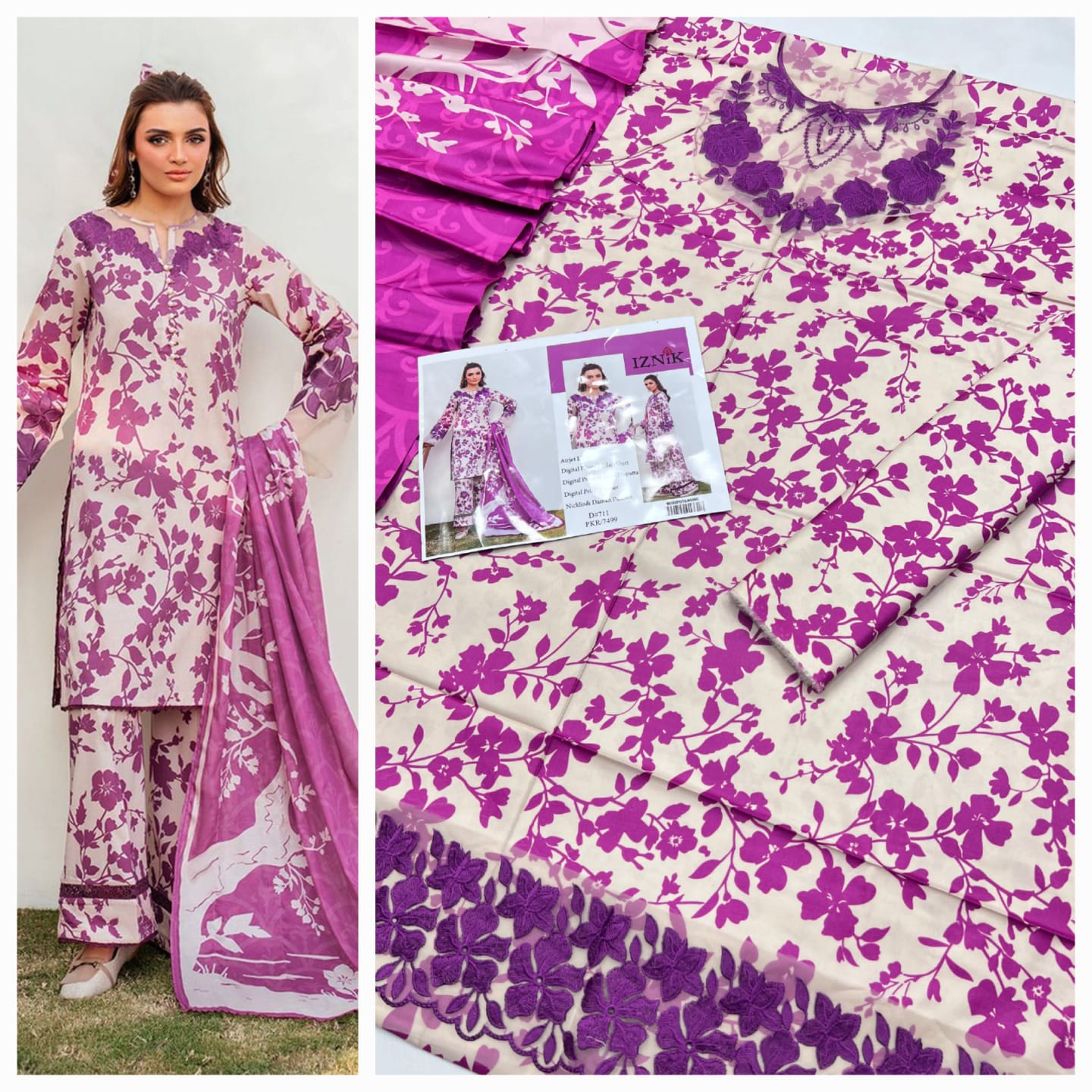 IZNIK Linen 3 Pcs Suit With Patches